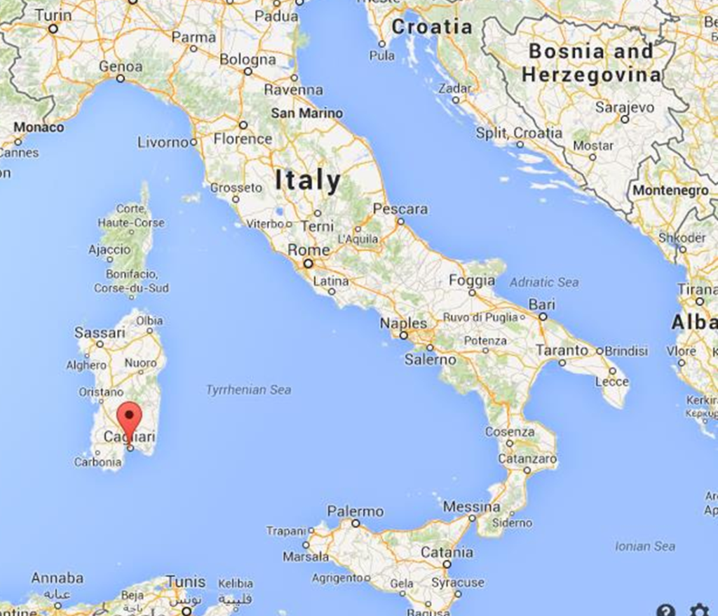 Map of Italy highlighting Cagliari